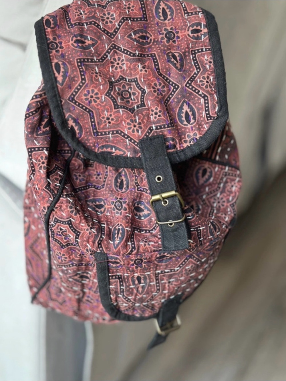 Boho Pink Patterned Drawstring Backpack with Black Trim